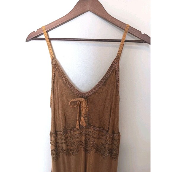 Sakkas Boho Maxi Dress 1X/2X Tan Embroidered Crinkle Cotton Rayon Elastic Bust - Picture 2 of 14
